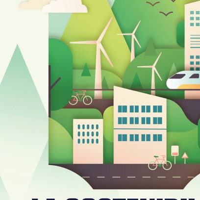Copertina della rivista Orizzonti, numero 68, settembre/ottobre 2025. Illustrazione di un paesaggio sostenibile con montagne verdi, edifici moderni, pale eoliche, biciclette e un treno ad alta velocità sotto un sole luminoso. Titolo: “La sostenibilità parte dai territori”.