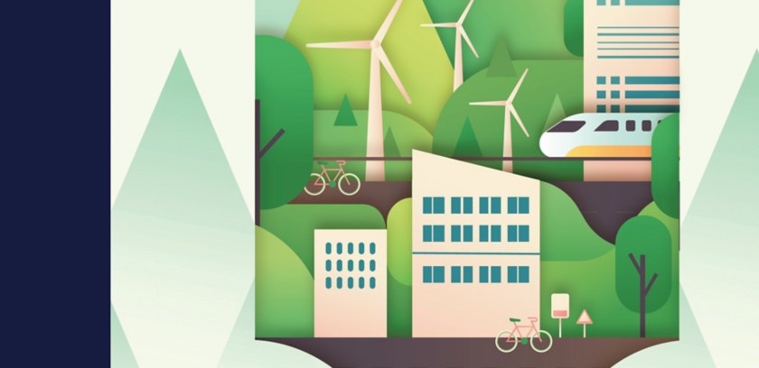 Copertina della rivista Orizzonti, numero 68, settembre/ottobre 2025. Illustrazione di un paesaggio sostenibile con montagne verdi, edifici moderni, pale eoliche, biciclette e un treno ad alta velocità sotto un sole luminoso. Titolo: “La sostenibilità parte dai territori”.