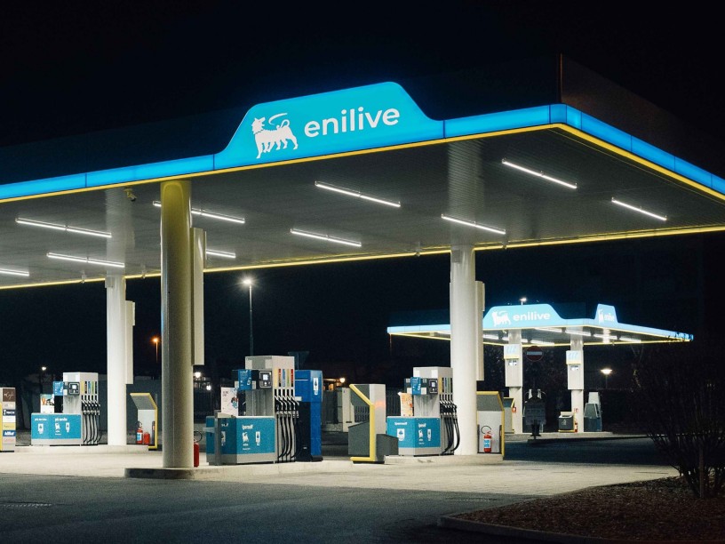 Enilive service station illuminated at night