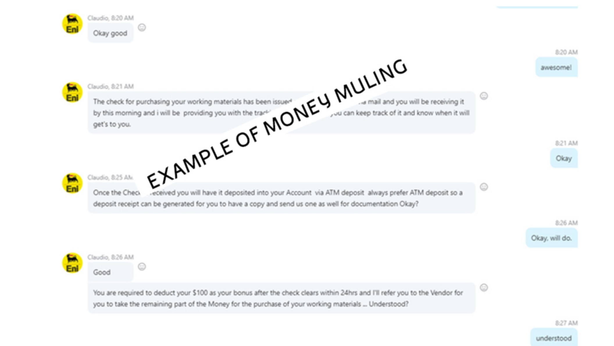 Screenshot of chats discussing fraudulent money transfers