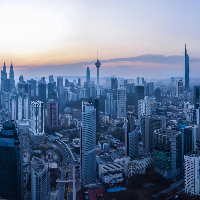 the city of Kuala Lumpur seen from a drone at sunset