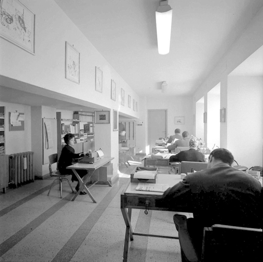 foto storica in bianco e nero con due donne e tre uomini alla scrivania che usano macchine da scrivere