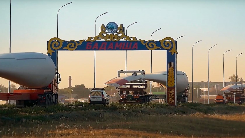 Construction phase of wind turbine blades transport by truck