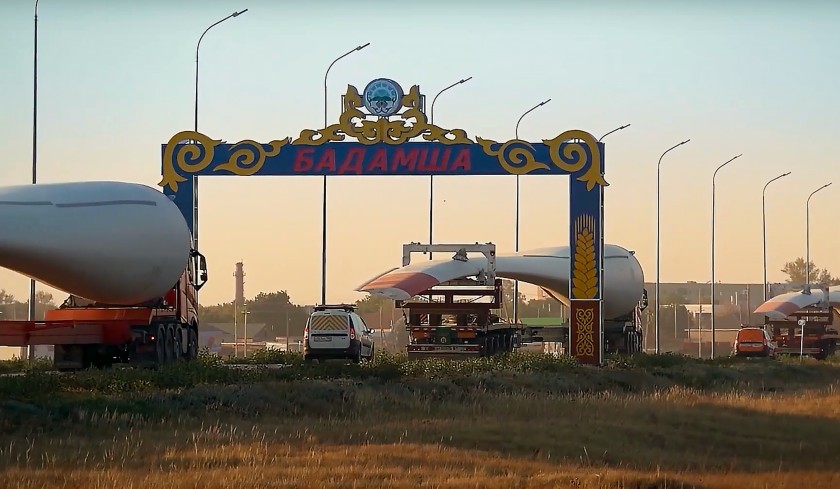 Construction phase of wind turbine blades transport by truck