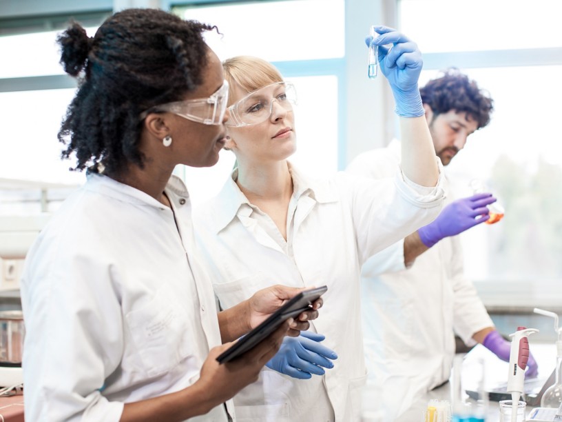 Group of scientists in lab analyzes test tubes