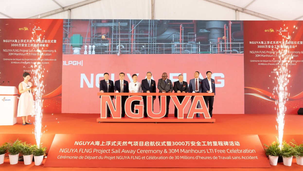 Representatives on stage during the sail away ceremony of the Nguya FLNG.