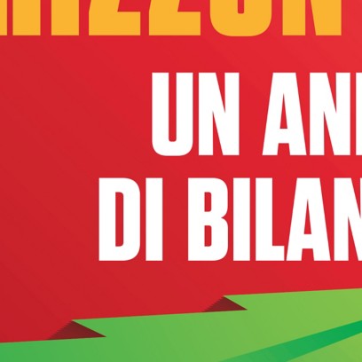 Copertina della rivista “Orizzonti”, numero 69, novembre/dicembre 2025. Lo sfondo è metà blu e metà rosso, con un grande aeroplanino di carta verde orientato verso l’alto. Il titolo principale recita “Un anno di bilanci e prospettive”.