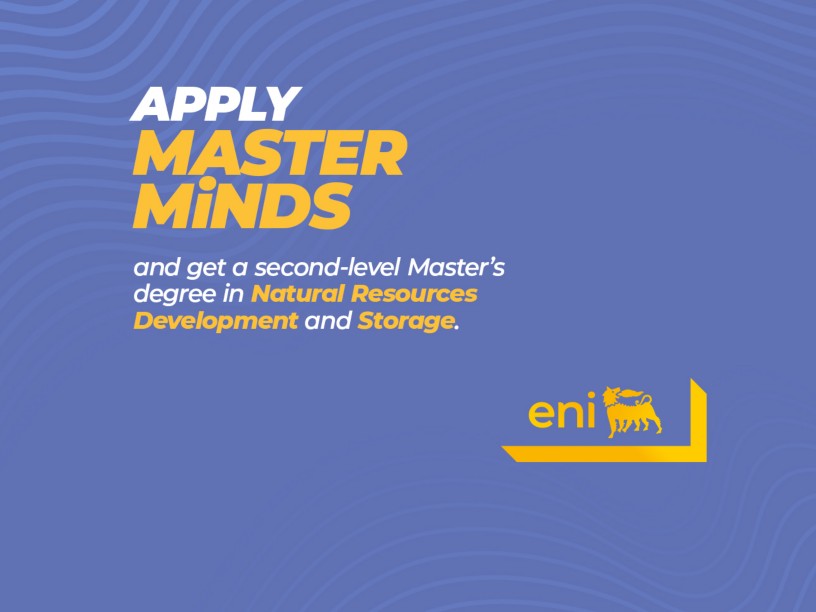Eni promotional graphic for the Master Minds program, inviting applications to the second-level Master's degree in Natural Resources Development and Storage at Politecnico di Torino, on a blue background with a subtle wave pattern.