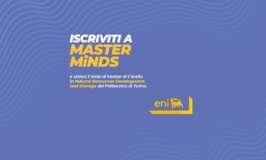 Visual promozionale Eni per il programma Master Minds del Politecnico di Torino, con invito all’iscrizione al Master di II livello in Natural Resources Development and Storage su sfondo blu con pattern ondulato.