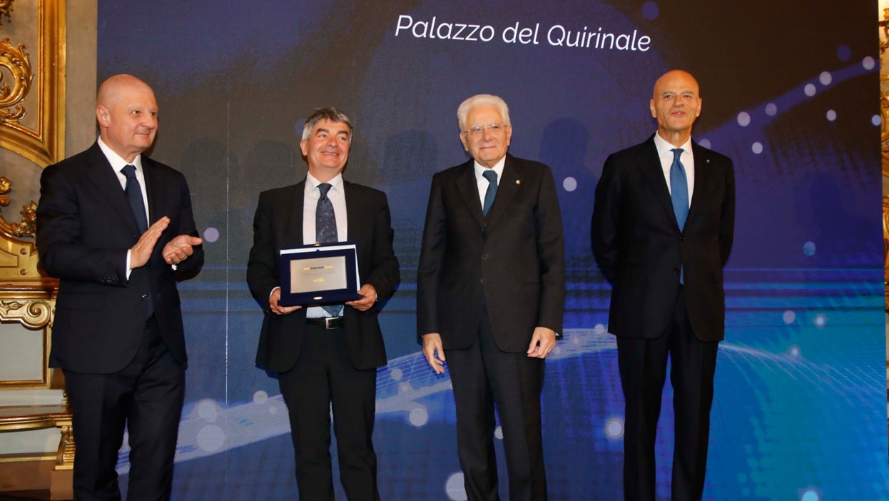 Eni Award ceremony: in the photo attached, Eni Chairman of the Board of Directors Giuseppe Zafarana, Prof. Philippe Ciais, President of the Italian Republic Sergio Mattarella, and Eni CEO Claudio Descalzi