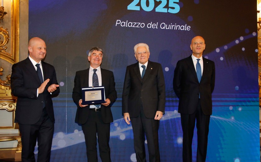 Eni Award ceremony: in the photo attached, Eni Chairman of the Board of Directors Giuseppe Zafarana, Prof. Philippe Ciais, President of the Italian Republic Sergio Mattarella, and Eni CEO Claudio Descalzi