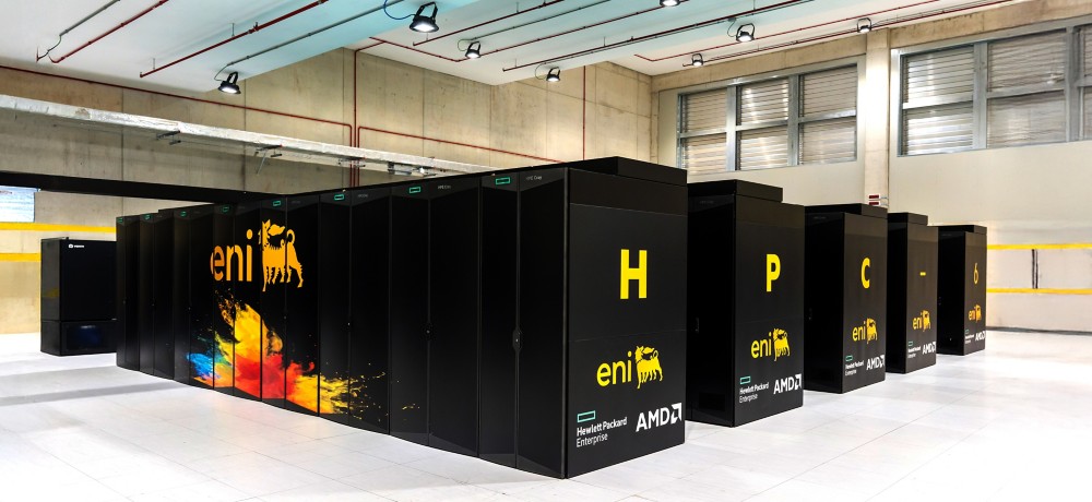 Eni HPC6 supercomputer with black Hewlett Packard Enterprise and AMD cabinets.