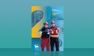Cover of Enilive’s 2025 Sustainability Report, featuring a large yellow and blue “25” and two workers in safety gear standing in front of an energy facility.