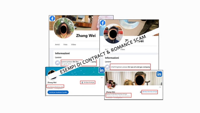 Screenshot di profili social di falsi dipendenti Eni
