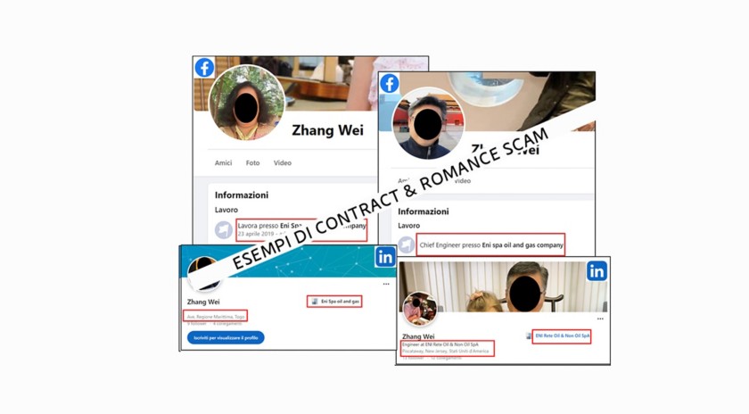 Screenshot di profili social di falsi dipendenti Eni