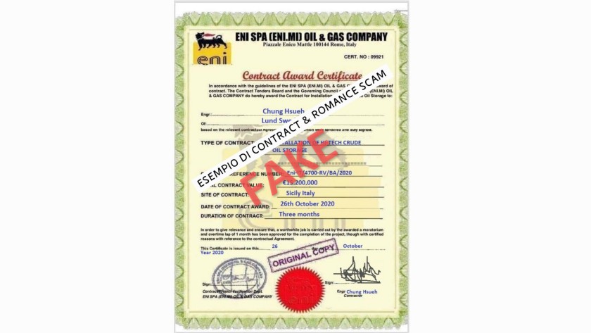 Falso contratto aggiudicato con logo Eni, timbri e firme