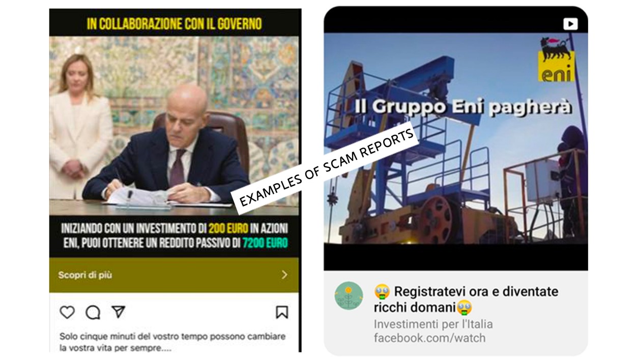 Screenshots taken from social networks depict fraudulent communications regarding Eni