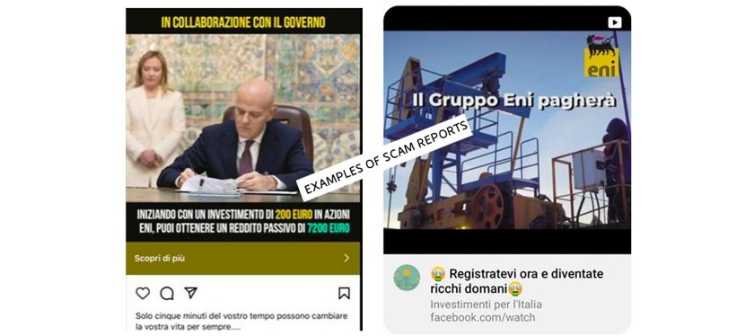 Screenshots taken from social networks depict fraudulent communications regarding Eni