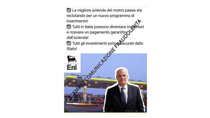Screenshot di comunicazione fraudolenta con foto di Descalzi e logo Eni