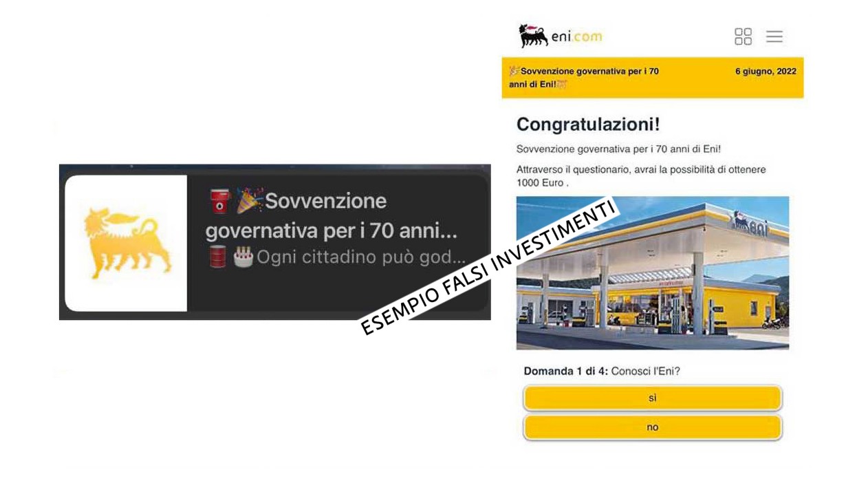 Screenshot con esempi di falsi investimenti in Eni