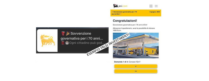 Screenshot con esempi di falsi investimenti in Eni