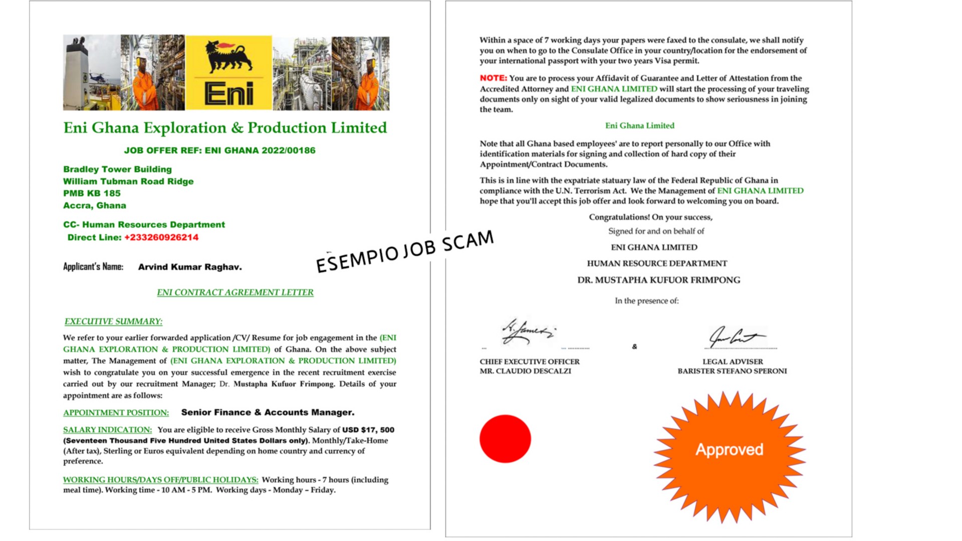 Screenshot che rappresenta false offerte di lavoro in Eni