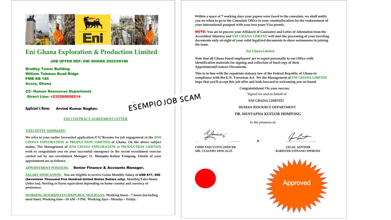 Screenshot che rappresenta false offerte di lavoro in Eni