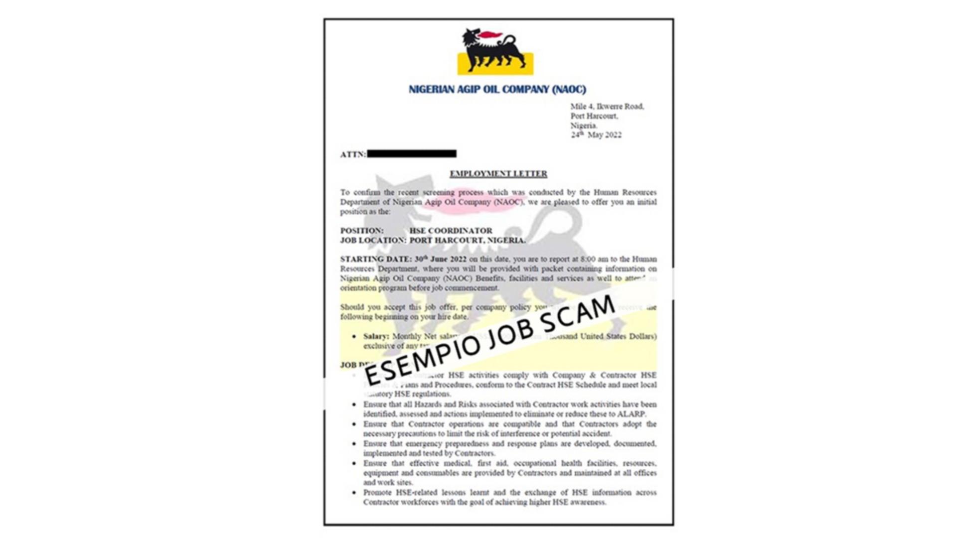 Screenshot che rappresenta false offerte di lavoro in Eni