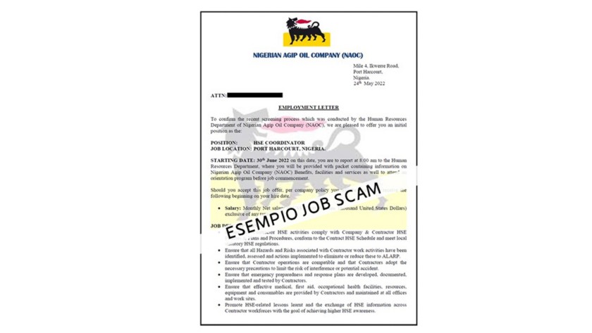 Screenshot che rappresenta false offerte di lavoro in Eni
