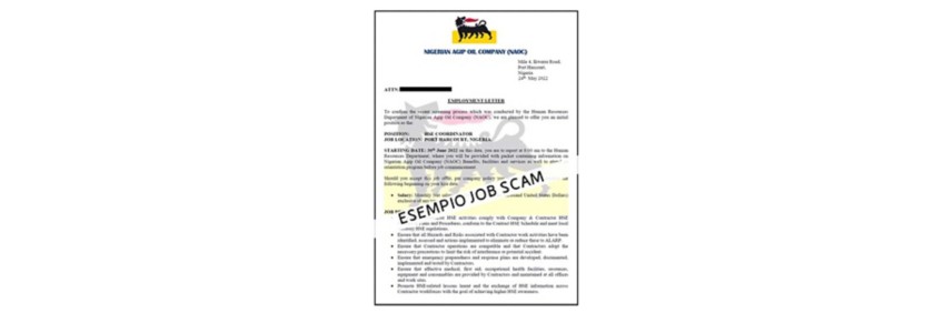 Screenshot che rappresenta false offerte di lavoro in Eni