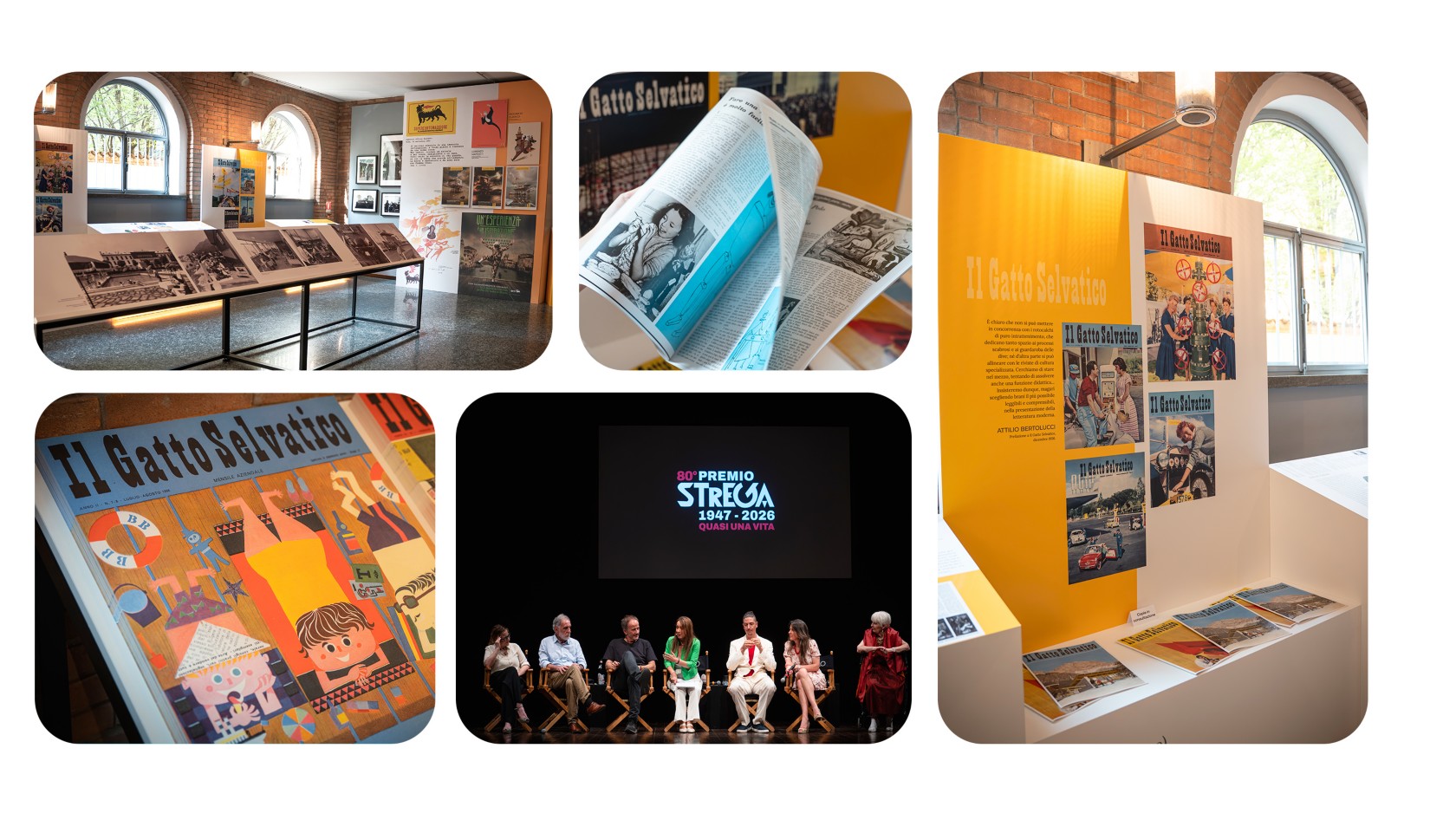 Collage fotografico dell'allestimento dedicato a Il Gatto Selvatico per l'80° Premio Strega: pannelli espositivi, riviste storiche, pubblicazioni e un incontro sul palco.