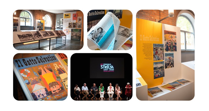 Collage fotografico dell'allestimento dedicato a Il Gatto Selvatico per l'80° Premio Strega: pannelli espositivi, riviste storiche, pubblicazioni e un incontro sul palco.