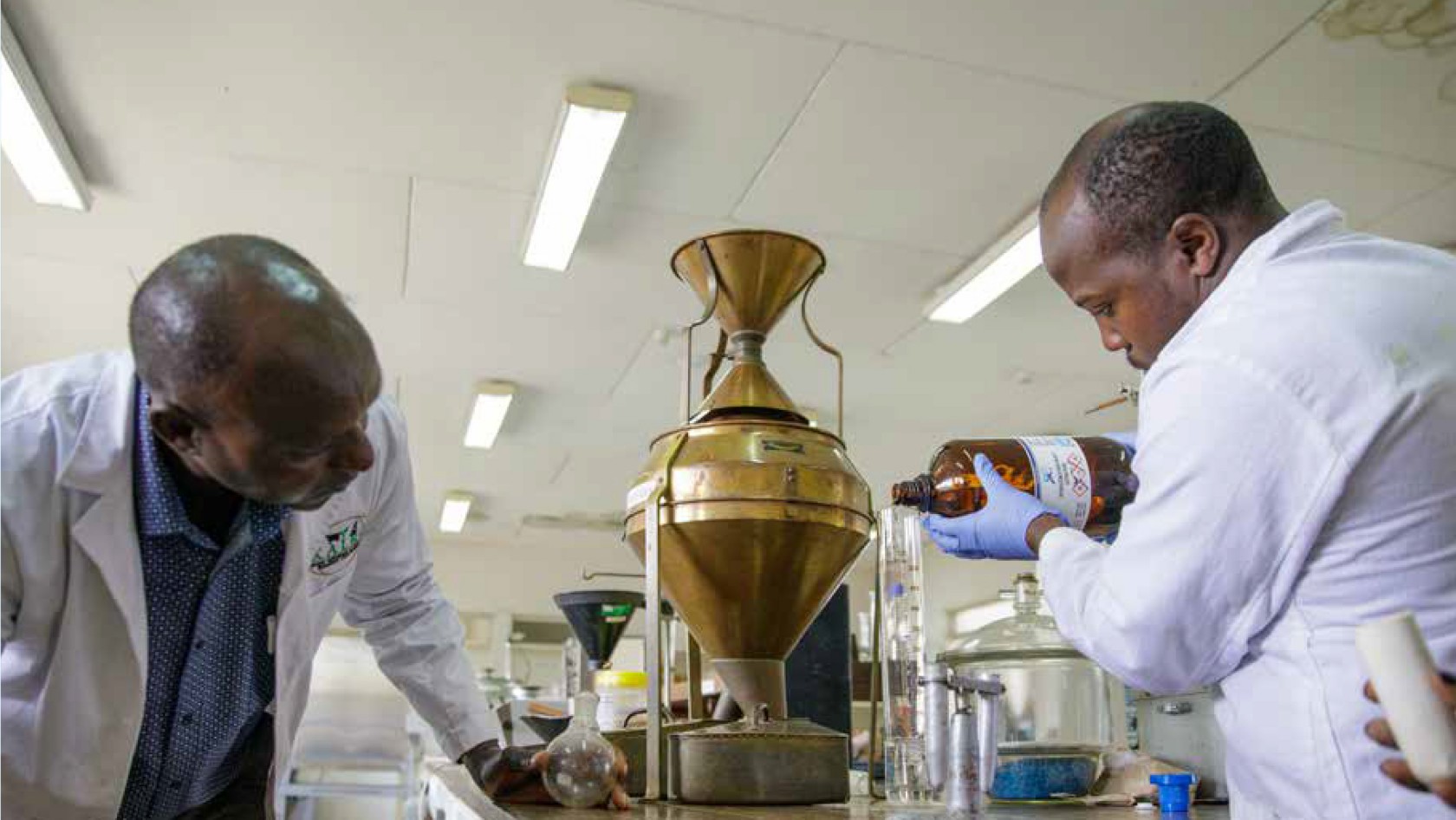 Technicians at an agri-hub in Kenya are analyzing a sample of vegetable oil.