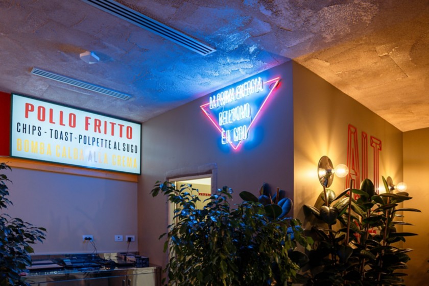 Signs inside the restaurant ALT Stazione del Gusto in Sesto San Giovanni, in the province of Milan.