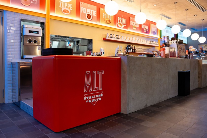 Interior of the restaurant ALT Stazione del Gusto in Sesto San Giovanni, in the province of Milan.
