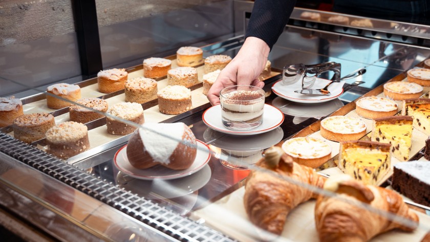 Desserts on display inside the restaurant ALT Stazione del Gusto in Sesto San Giovanni, in the province of Milan.
