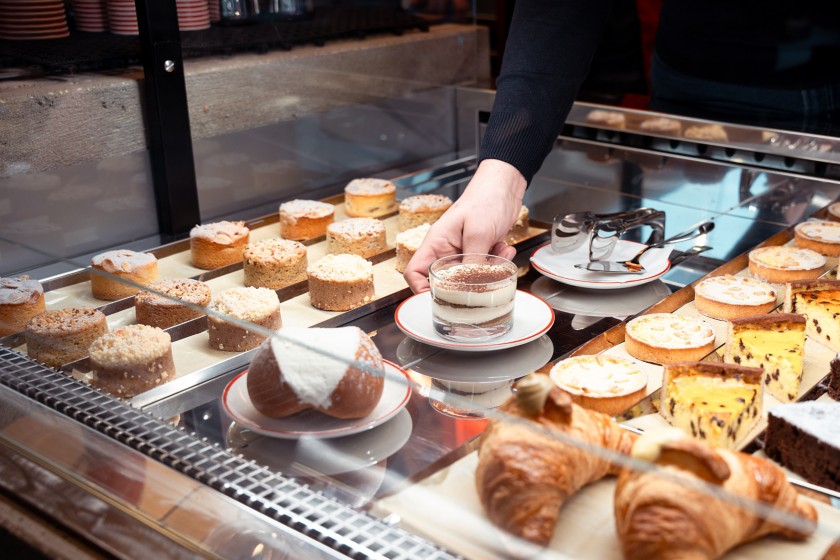 Desserts on display inside the restaurant ALT Stazione del Gusto in Sesto San Giovanni, in the province of Milan.