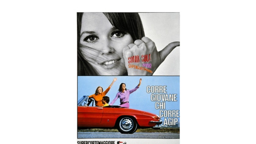 Top: black and white woman’s face and thumbs up; below: red car with man driving and two women waving