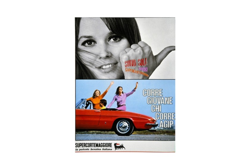 Top: black and white woman’s face and thumbs up; below: red car with man driving and two women waving