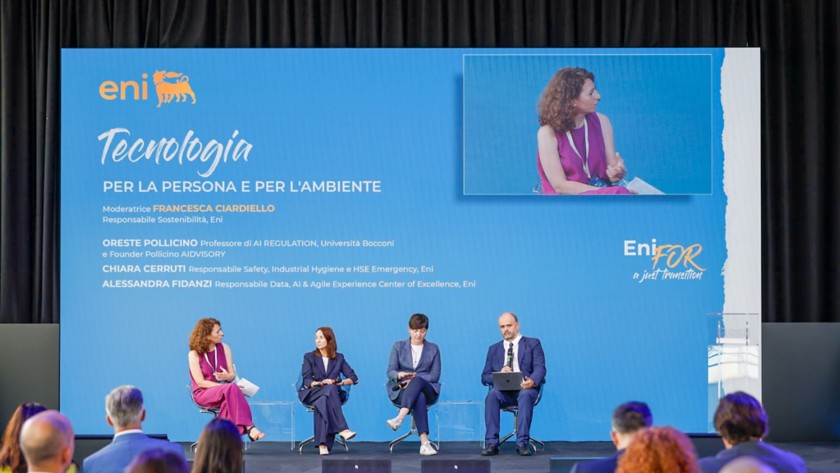 Oreste Pollicino (Professor of AI Regulation, Bocconi University and founder of Pollicino AIDVISORY)  Chiara Cerruti (Head of Safety, Industrial Hygiene and HSE Emergency, Eni)  Alessandra Fidanzi (Head of Data, AI & Agile Experience Centre   of Excellence, Eni)  Moderator Francesca Ciardiello (Head of Sustainability, Eni)