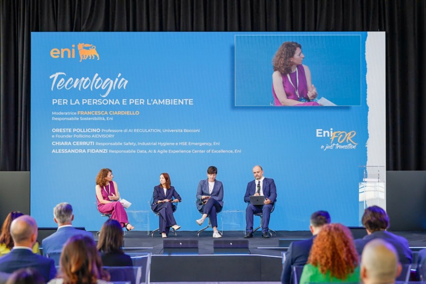 Oreste Pollicino (Professor of AI Regulation, Bocconi University and founder of Pollicino AIDVISORY)  Chiara Cerruti (Head of Safety, Industrial Hygiene and HSE Emergency, Eni)  Alessandra Fidanzi (Head of Data, AI & Agile Experience Centre   of Excellence, Eni)  Moderator Francesca Ciardiello (Head of Sustainability, Eni)