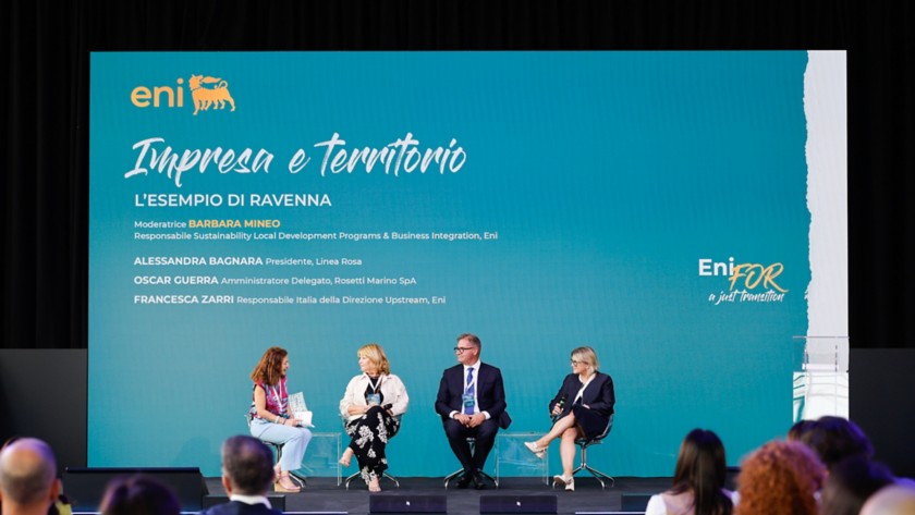 Alessandra Bagnara (Chairwoman of Linea Rosa), Oscar Guerra (Chief Executive Officer of Rosetti Marino SpA), Francesca Zarri (Head of Upstream Operations in Italy, Eni), Moderator Barbara Mineo (Head of Sustainability Local Development Programmes & Business Integration, Eni)