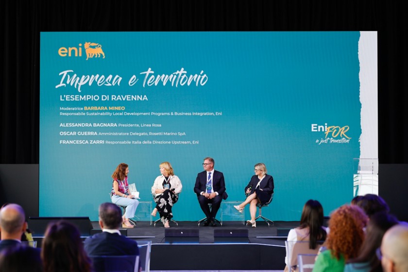 Alessandra Bagnara (Chairwoman of Linea Rosa), Oscar Guerra (Chief Executive Officer of Rosetti Marino SpA), Francesca Zarri (Head of Upstream Operations in Italy, Eni), Moderator Barbara Mineo (Head of Sustainability Local Development Programmes & Business Integration, Eni)