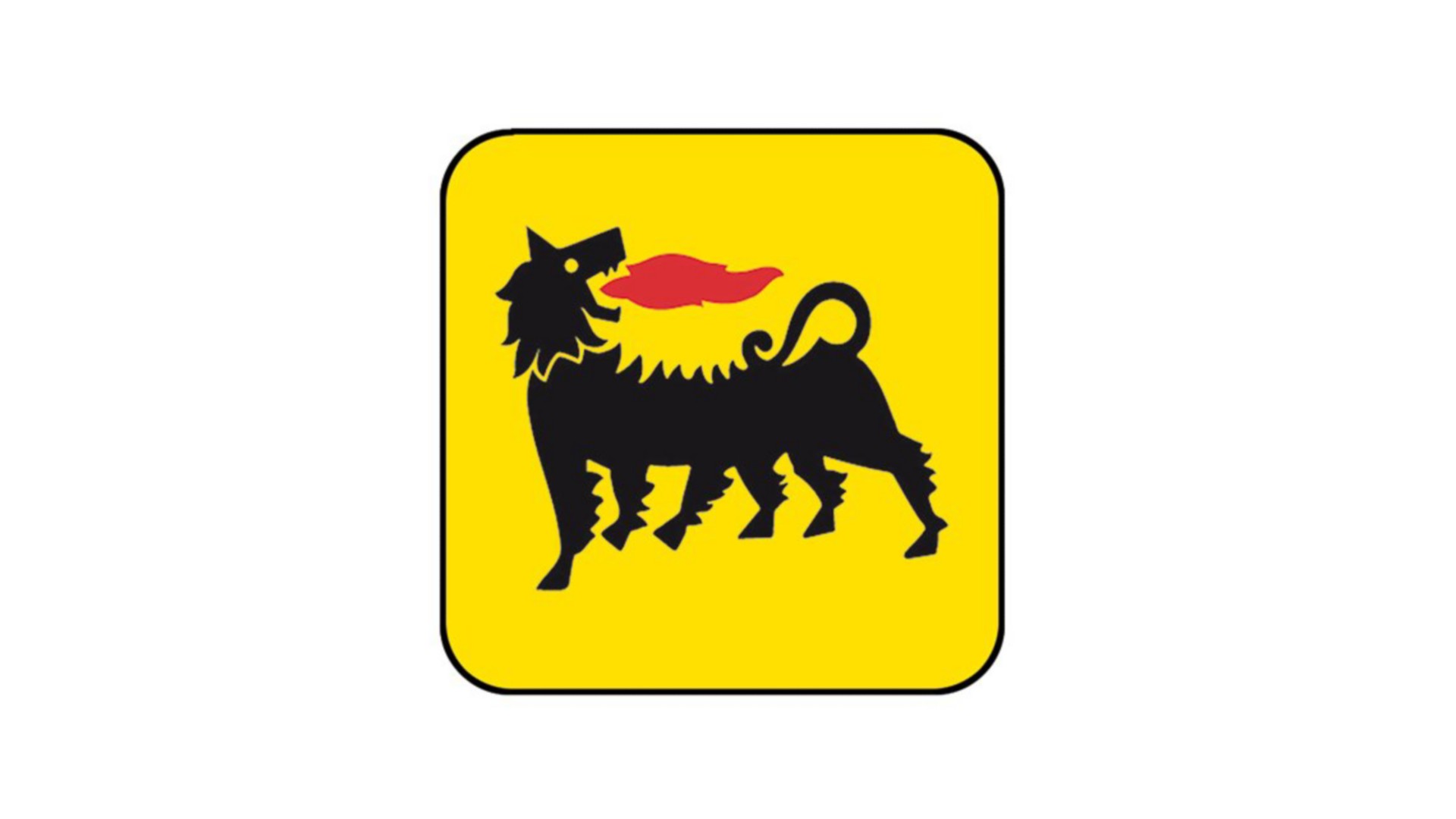 Logo cane Eni nero e rosso su quadrato giallo