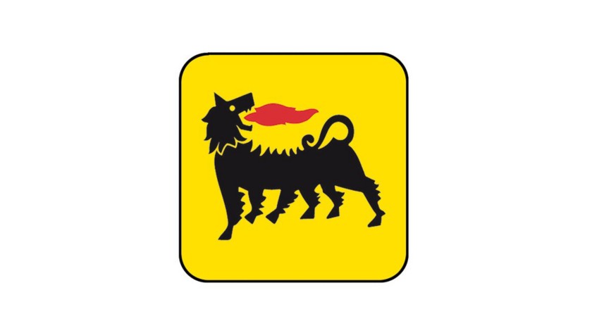 Black and red Eni dog logo on a yellow square