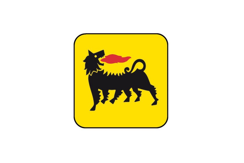 Black and red Eni dog logo on a yellow square