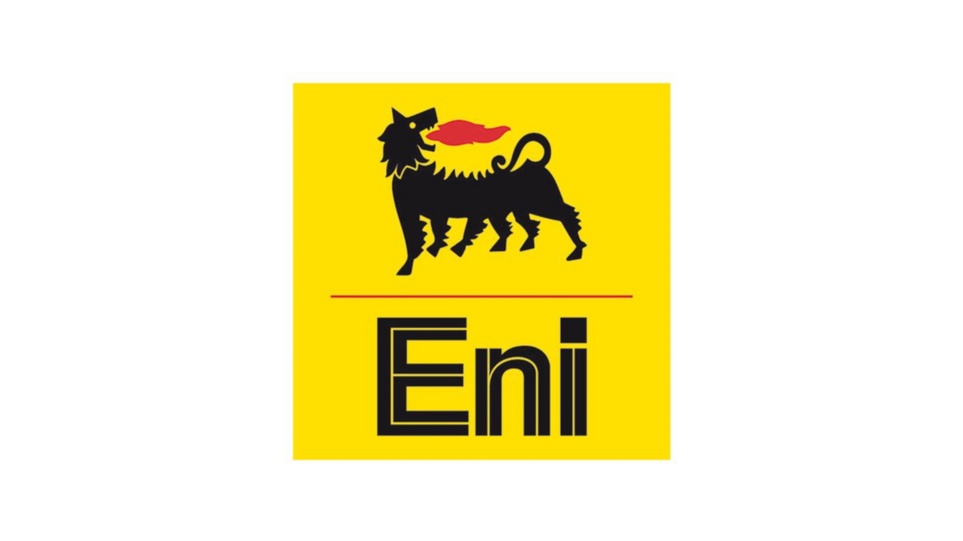 Logo cane Eni nero e rosso su quadrato giallo e scritta Eni