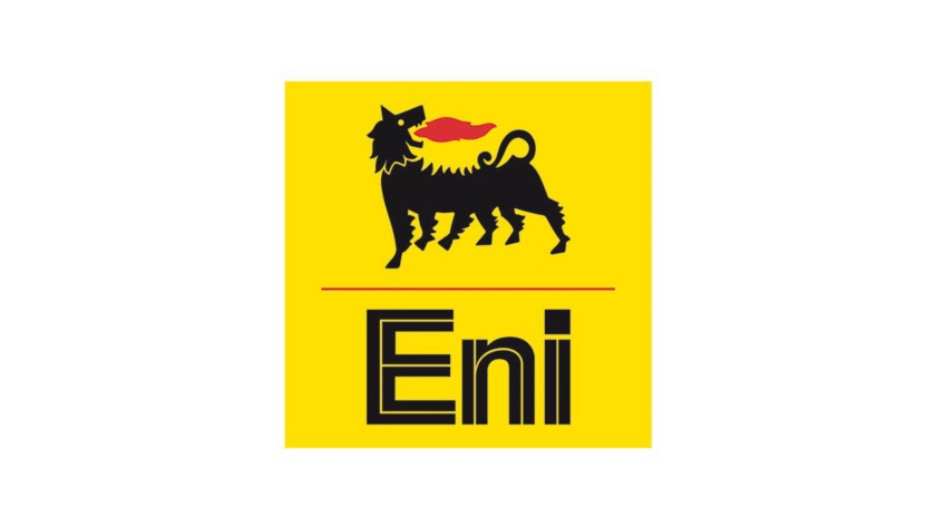 Black and red Eni dog logo on a yellow square with the word 'Eni'