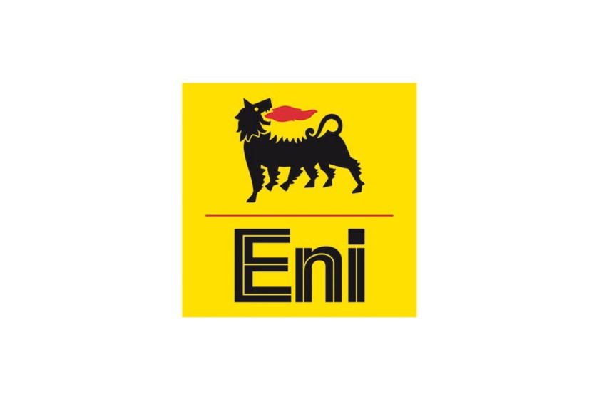 Black and red Eni dog logo on a yellow square with the word 'Eni'