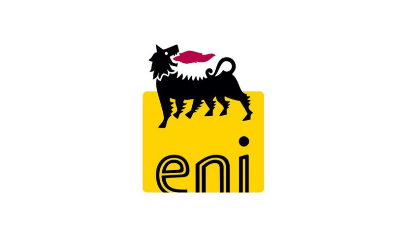 Black and red Eni dog logo on a yellow square with the word 'Eni'